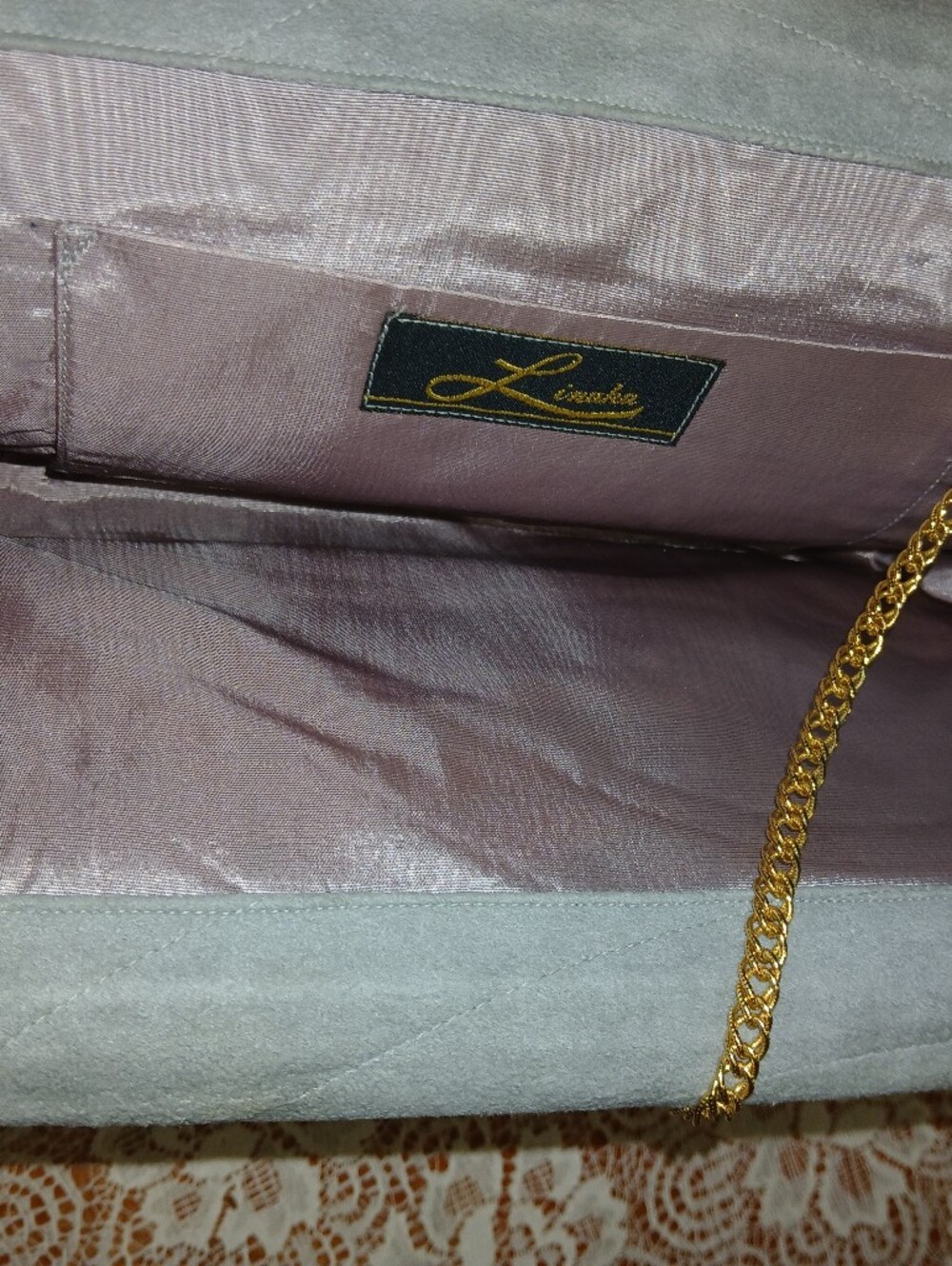 Vintage Quilted Gray Suede Shell Clutch w/ Chain - Picture 5 of 9